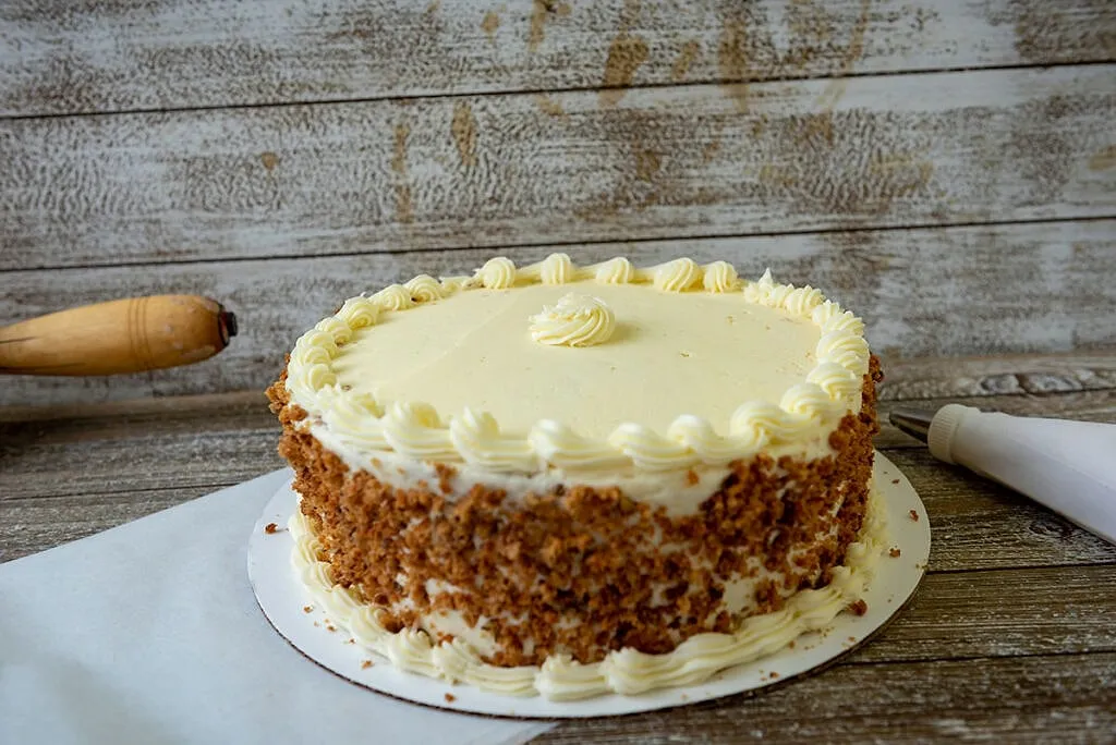 Carrot Cake, Spiced carrot cake, cream-cheese iced.